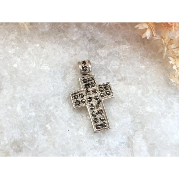 Cross Shaped Marcasite Accented Geometric Sterling Silver 925 Vintage Pendant - Picture 8 of 9